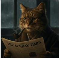 Image of cat smoking pipe, reading newspaper, and wearing robe generated by ChatGPT