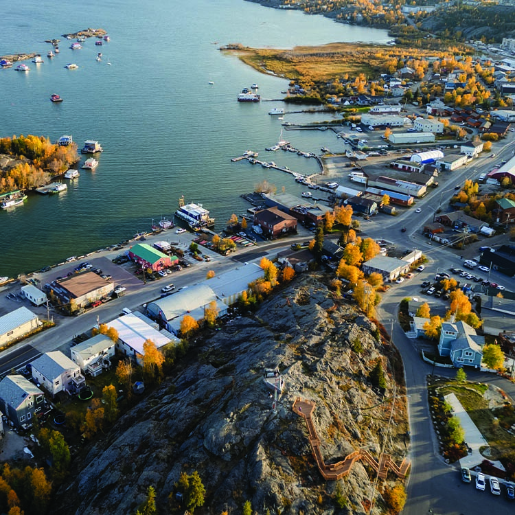 Aerial view of Yellowknife Bay and Old Town in Autumn