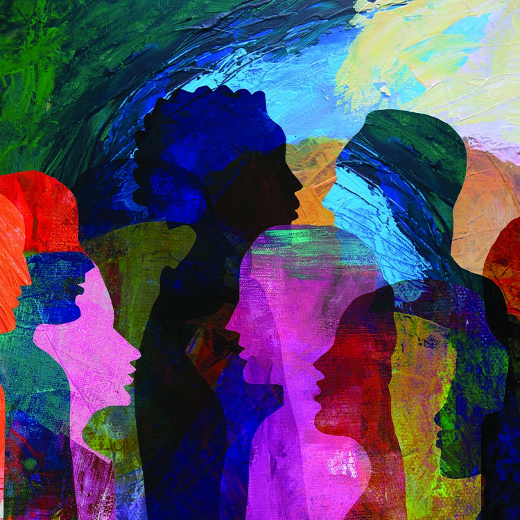 Group of diverse people profile view hand drawn silhouettes talking